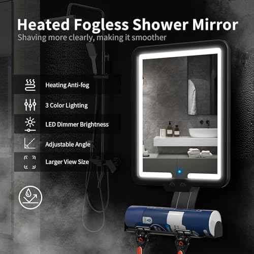 Heated Anti-Fog Shower Shaving Mirror,9.5*8 Inch LED Shower Mirror Fogless for Shaving with 3 color modes,Dimmable Shaving Mirror with Storage Tray and Razor Holder,Hanging Rechargeable Shower Mirror