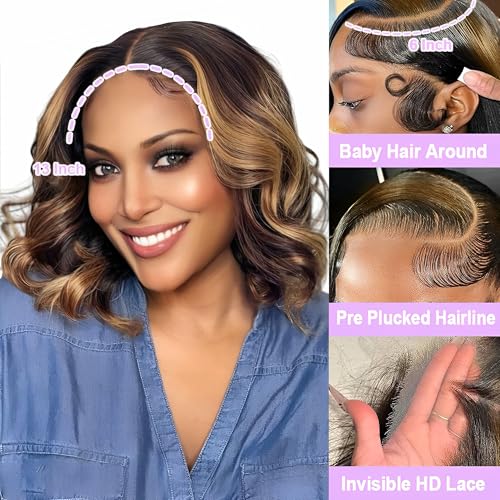 Bob Wig Human Hair Glueless 13x6 HD Lace Frontal Wigs Pre Plucked With Baby Hair 200% Density Ombre 1b/30 Highlight Body Wave Lace Front Wigs Human Hair Colored Short Bob Wigs for Women Wavy 12 Inch