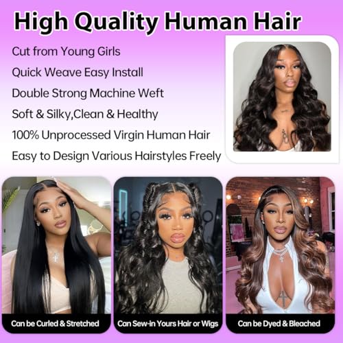 Human Hair Bundles Body Wave 12A Unprocessed Brazilian Virgin Weave 3 Bundles 18 20 22 Inch Real Human Hair Quick Weave Sew in Hair Double Weft Full and Thick Natural Black Wavy Hair for Women