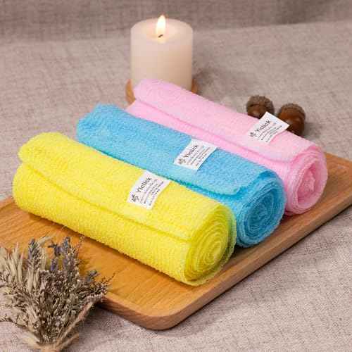 Yiclick Exfoliating Washcloth Towel [3 Pack], Japanese Exfoliating Wash Cloth, Korean Body Scrubber Exfoliator, Back Scrubber Washer for Shower Bath, Body Scrub African Net Sponge Loofah Luffa Colors