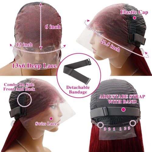 99j Burgundy 13x6 HD Lace Front Wigs Human Hair 22inch Straight Human Hair Wigs HD Lace Frontal Wigs for Black Women 250% Density Glueless Wigs Human Hair Pre Plucked Pre Cut With Baby Hair