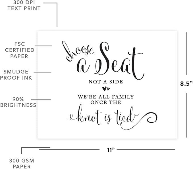 Andaz Press Wedding Party Signs, Formal Black and White, 8.5-inch x 11-inch, Choose a Seat, Not a Side, We're all Family Once the Knot is Tied, 1-Pack