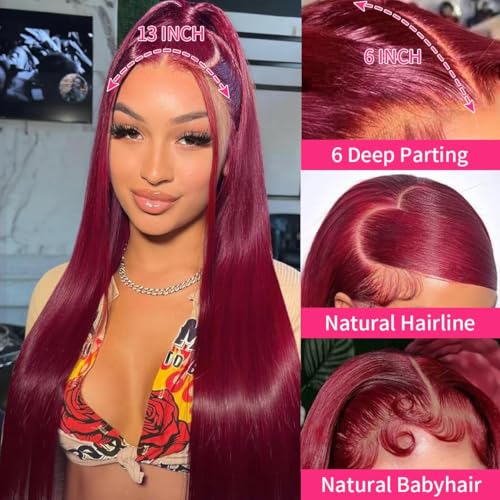 99j Burgundy 13x6 HD Lace Front Wigs Human Hair 22inch Straight Human Hair Wigs HD Lace Frontal Wigs for Black Women 250% Density Glueless Wigs Human Hair Pre Plucked Pre Cut With Baby Hair
