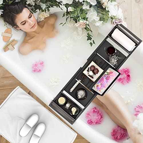 Bath Caddy Tray for Bathtub - Bamboo Adjustable Organizer Tray for Bathroom with Free Soap Dish Suitable for Luxury Spa or Reading(Black)