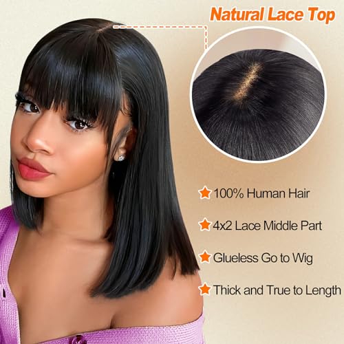 Lativ Bob Wig with Bangs Human Hair 4x2 Lace Bob Wig Human Hair with Bangs 150% Density Middle Part Natural Black(16 Inch,Bob With Bangs)