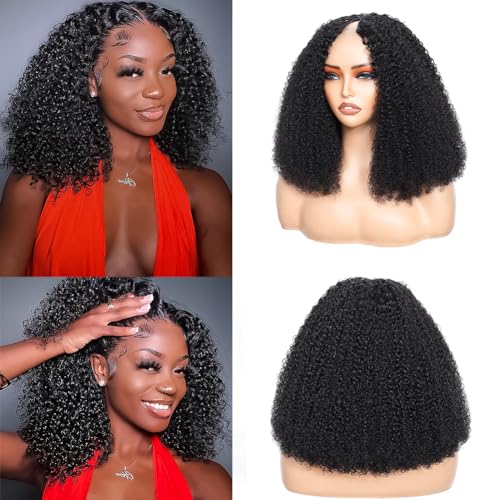 V Part Wig Human Hair Kinky Curly Natural Black 16 Inch | Curly Human Hair Wig Upgrade U Part Human Hair Wigs for Black Women Glueless Wig Wear and Go 180 Density