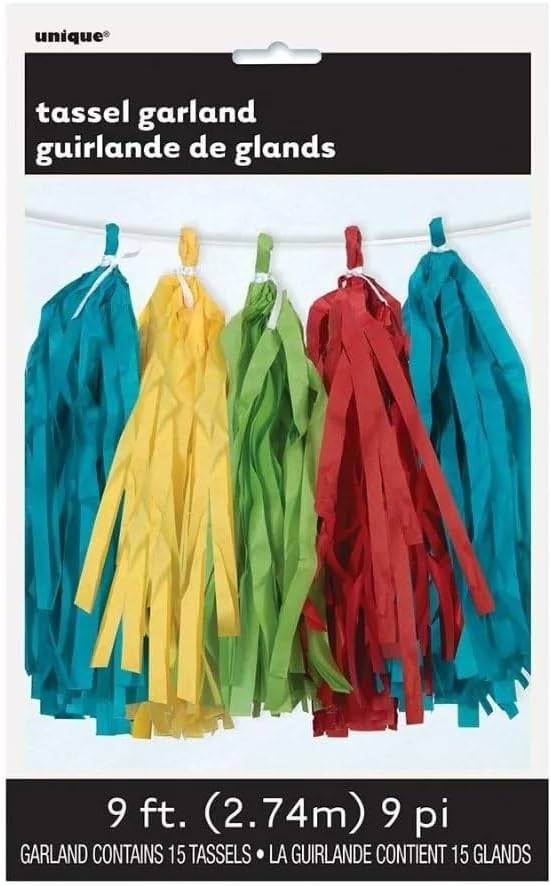 Vibrant Rainbow Tissue Tassel Garland - 9 ft. (Pack of 3) - Eye-catching Paper Tassels, Bright & Unique Decoration - Perfect Party Decor