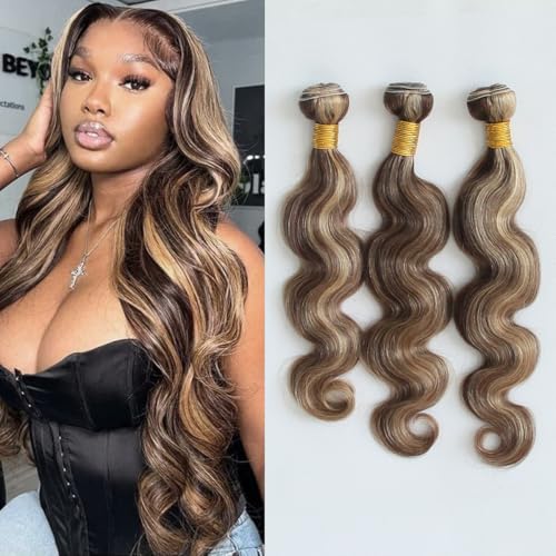 8A Machine Double Weft Raw Brazilian Virgin Human Hair Extensions Highlight P4/27 Brown Honey Blonde Body Wave 3 Bundles 10" 12" 14"