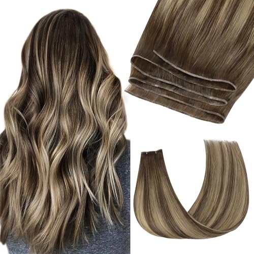 GOO GOO Genius Sew In Remy Weft Hair Extensions, 4/26/4 Balayage Chocolate Brown to Honey Blonde 20inch 60g, Hand Tied