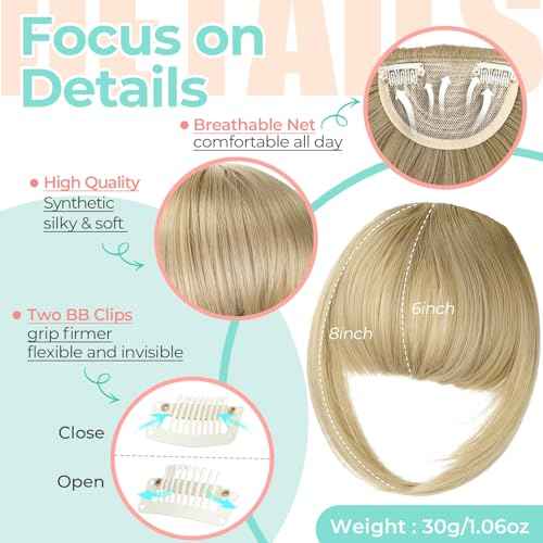 Clip in Bangs, Synthetic French Bangs Hair Clip, Fake Bangs Fringe with Temples Hairpieces for Women Natural Curved Hair Extensions for Daily Wear Ash Blonde