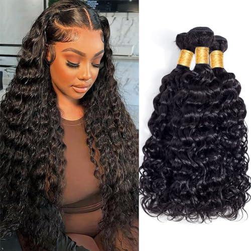 Water Wave Human Hair Bundles Brazilian Remy Water Wave 10A Curly Human Hair 3 Bundles Unprocessed Human Hair Extension Double Weft Natural Color for Black Women 18 20 22inch