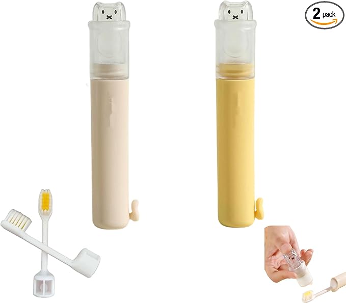 2Pcs Foldable Toothbrush Compact Portable Travel Kit with Toothpaste Container 2 Replaceable Soft Bristle Heads for Adults Camping Vacation Business Travel
