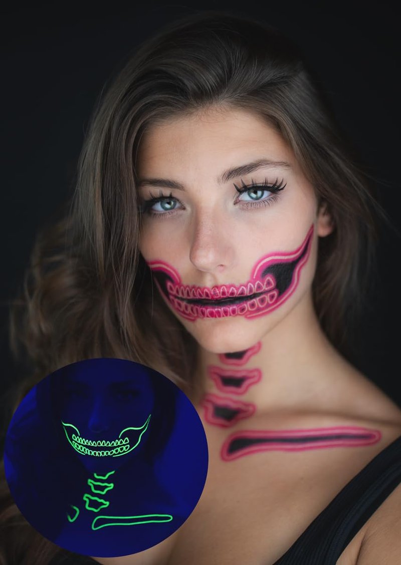 Tattoocrew 2 x Neon Skull Face Pink Temporary Tattoo, Halloween Costume for Women and Men, Adult, Glow in the Dark