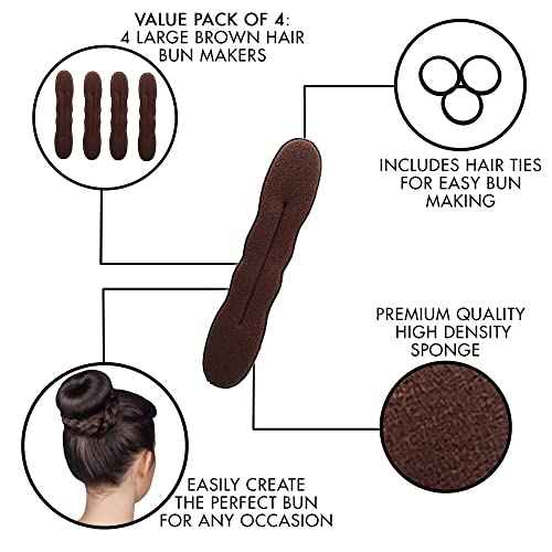 Styla Hair Brunette 4 Count Hair Bun Maker Accessories, Large Foam Sponge Shaper for Easy Bun Twister, Ballet Buns, French Twist, Updo's, Waves & more - Strong, Flexible, Reusable