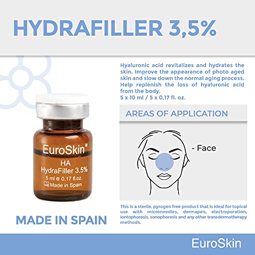 Hydra line hyaluronic acid. Hydrafiller 3.5%. Hyaluronic acid revitalizes and hydrates the skin. Aestheticians' favorite serum. 5 vials x 10 ml / 5 vials x 0,17 fl. oz.