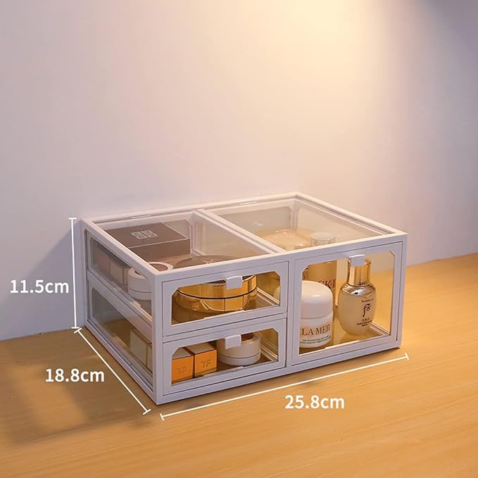 MOOCHI White Vintage Glass Cosmetic Makeup Organizer 3 Drawers Set Dust Waterproof Cosmetics Storage Display Case Countertop for Brushes Lipsticks Jewelry