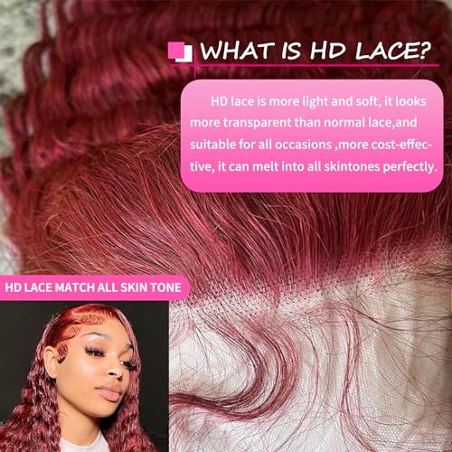 DJFG Deep Wave Lace Front Wigs Human Hair Curly Wig Human Hair HD Frontal 200 Density 13x6 Lace 99j Burgundy Red 18 Inch