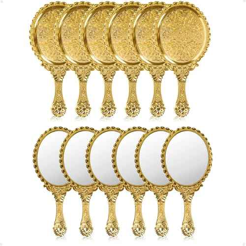 YUSONG 12 Pcs Vintage Handheld Mirror for Makeup - Travel Handle Mirrors for Women Gold Embossed Flower Portable Princess Mirror Tabletop Party Classroom