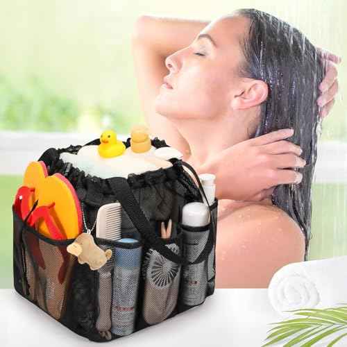 Portable Mesh Shower Caddy ? Hanging Toiletry Bag with Multiple Pockets ? Lightweight Travel Organizer for Bathroom, Camping, and Gym (BLACK)