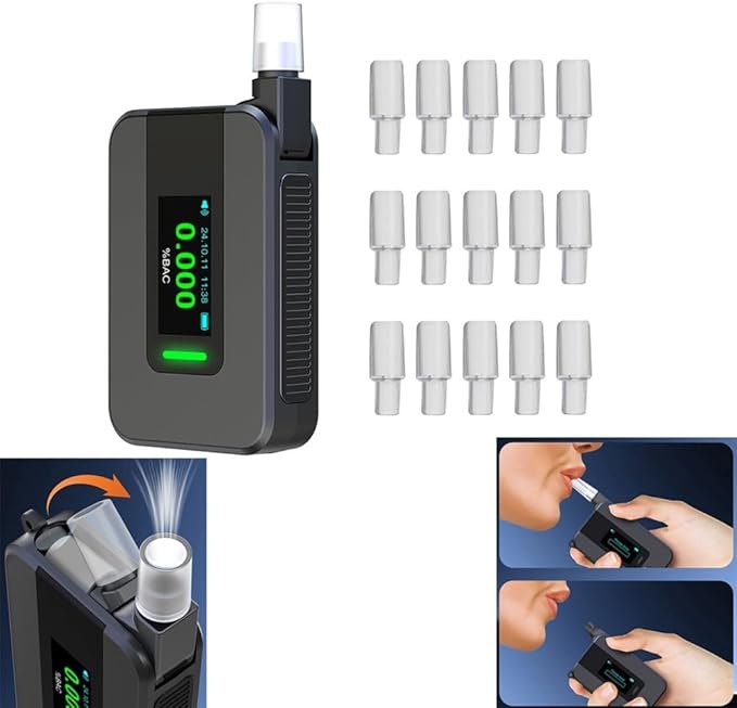 FABULETTA Portable Breath Alcohol Tester, Breathalyser Alcohol Test Tool for Personal Use, IPS HD Screen, 15 Detachable Mouthpieces, Quick 5 Second Measurement