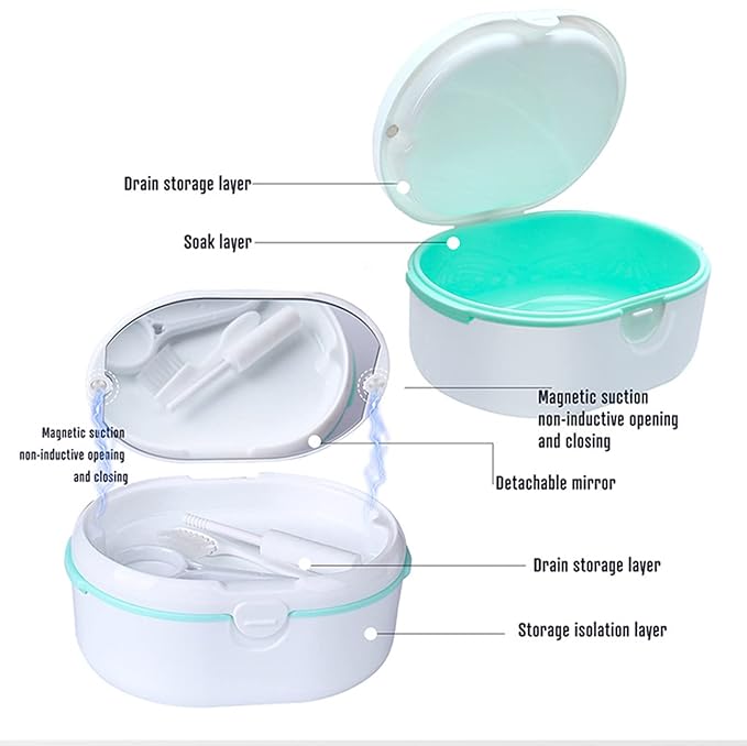 MURRI&MURRDI Retainer Case, Denture Bath Box with Strainer Basket, Mouth Guard Case, Braces Cleaner Cup, Cute Retainer Holder Denture Storage Soak Container for Travel Cleaning (D White)