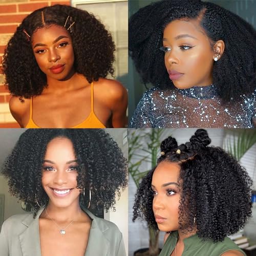 Bob Wig Human Hair Afro Kinky Curly 13x4 Frontal Lace Wig Human Hair 180 Density Glueless Wig Human Hair Pre Plucked with Baby Hair Short Bob Wigs for Black Women Natural Color 16 inch