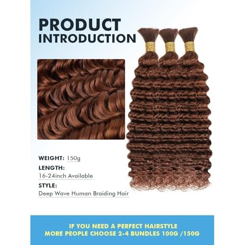 Human Braiding Hair for Boho Braids 150g 24 Inch Auburn Brown Curly Boho Hair for Braiding Knotless 12A Deep Wave Bulk Bohemian 3 Bundles/Pack Color 30