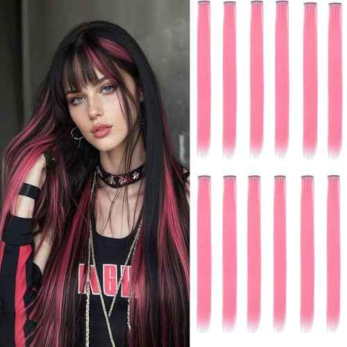 12 Pcs Pink hair extensions 22 Inch Straight colored hair colorful clip in extensions Highlight Party for Kids Girls and Women Gift(Pink,26)