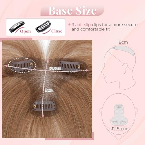Women's Clip In Human Hair Topper, with 360¡Æ 3D Cover Air Bangs - for Thinning Hair, Straight, 11 Inch, Light Brown, 9x12 CM Upgraded Seamless Silk Base, Lightweight, Breathable