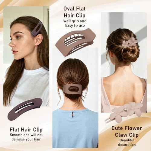 12 Pack Flat Hair Clips for Women ? Matte Neutral Square Claw Clips, Flat Barrettes & Flower Pins in Black, Blonde,Light Brown & Dark Brown, Soft Touch Hair Accessories for Thick & Thin Hair