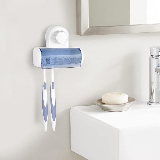 1 PCS Self Adhesive Toothbrush Holder with Cover for Bathroom, 5-Slot Wall Mounted Toothbrush Organizer Rack for Shower, Dorm, Cabinet