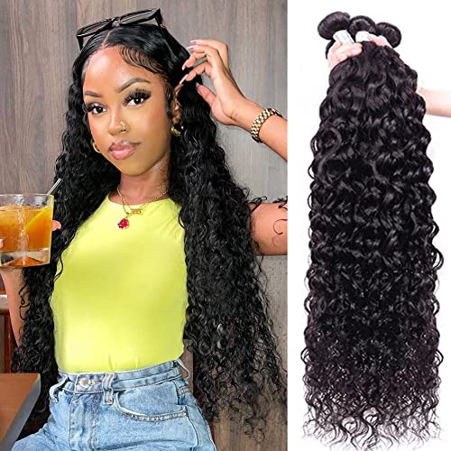 Water Wave Human Hair 4 Bundles (12 14 16 18 Inch) Brazilian Virgin Water Curly Bundles 100% Unprocessed Human Hair Weave Remy Hair Weft for Black Women Natural Color