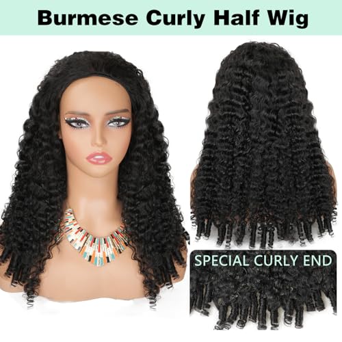 Burmese Curly Half Wigs Human Hair 200% Density Curly 3 In 1 Half Wigs With Drawstring for Women Water Wave Glueless Wig Human Hair with Spiral End,Seamless Flip Headband Wig,Beginner Friendly(14inch)