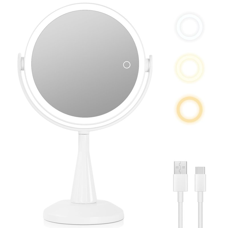 LUKYMIRO 1X 10x Magnifying Mirror with Lights, Double Sided 8" Lighted Makeup Mirror, Rechargeable, 360 Degree Rotation, White Plastic Frame, 8.6" L x 8.6" W x 13.8" H, Modern, Bathroom, Beauty, Home