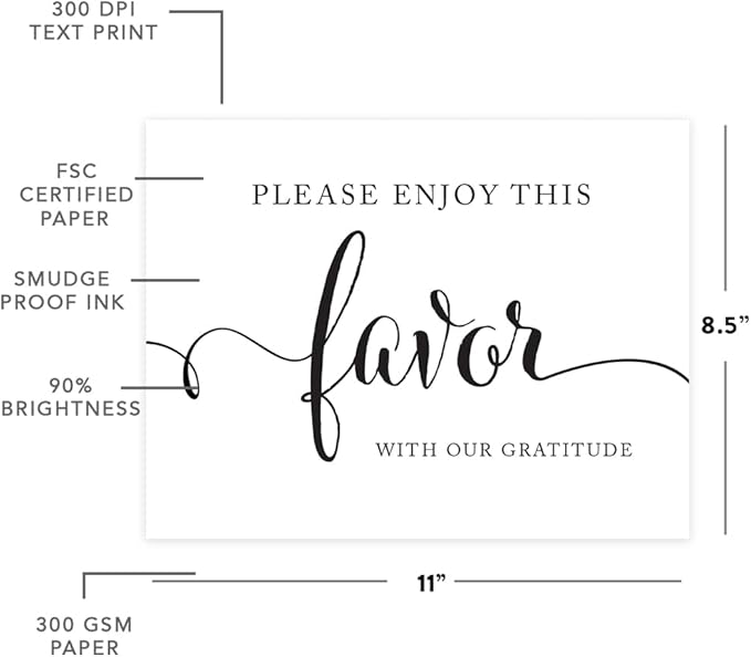 Andaz Press Wedding Party Signs, Formal Black and White, 8.5-inch x 11-inch, Please Enjoy This Favor With Our Gratitude Party Favors and Gifts Sign, 1-Pack, Reception Table Sign,