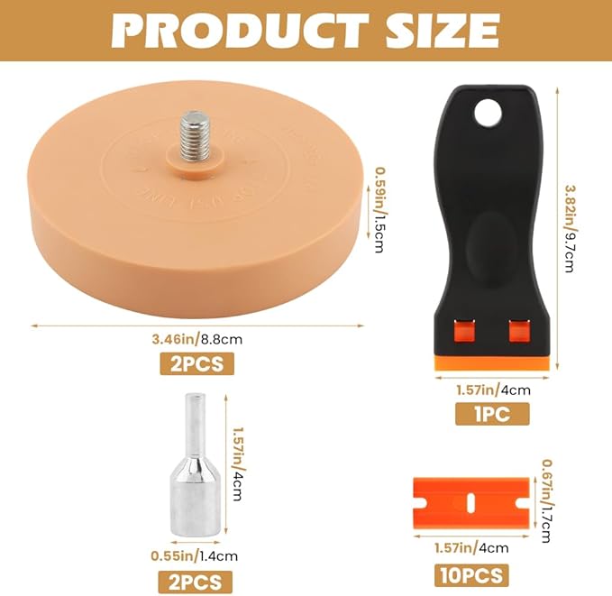 2pcs Car Eraser Wheel with 1 Plastic Scraper and Adapter, 3.5 Inch Decal Remover Wheel for Drill, Rubber Tool Kit for Quick Remove Sticker, Vinyl, Decal, Adhesive, Residue, Tape