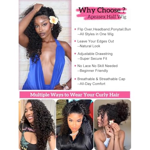 Burmese Curly Half Wig Human Hair 16 Inch 200% Density Invisible Flip Over Hairline Half Curly Wig Human Hair Headband Wigs for Black Women Drawstring Secure Fit Glueless Wigs Beginner Friendly