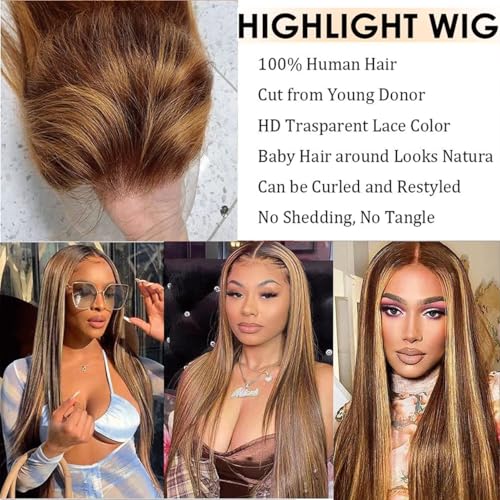 Highlight 13x4 HD Lace Front Wigs Human Hair 4/27 Honey Blonde Straight Transparent Lace Front Wigs Pre Plucked 12A Ombre Wigs Human Hair for Women 180% Density 24 Inch