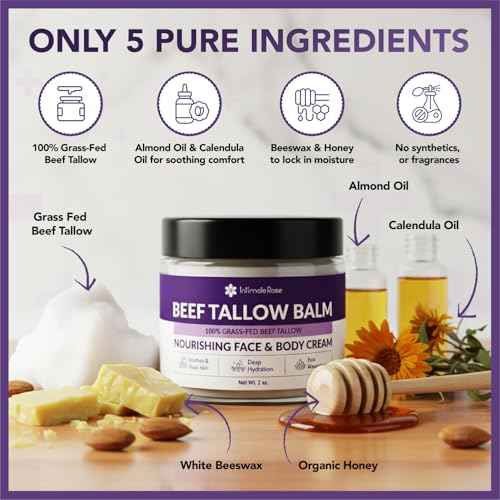 Intimate Rose Beef Tallow for Skin & Face Care - Tallow and Honey Balm for Sensitive Skin, Eczema - 100% Grass-Fed Tallow Face Moisturizer, Natural Formula