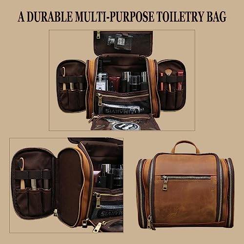 Hanging Toiletry Bag,Personalized Genuine Leather Shaving & Dopp Kit Bag for Men & Women,Travel Organizer for Toiletries,Best Man Gift,Wedding Gifts (Brown)