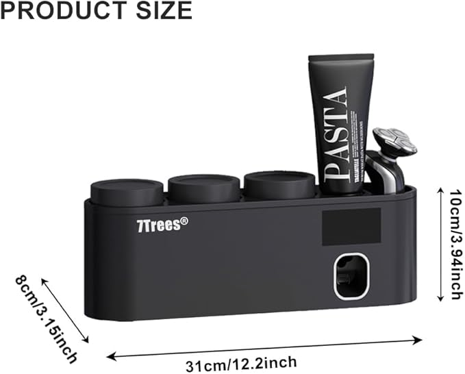 Toothbrush Sanitizer, Self Adhesive Toothbrush Holder with 3 Cups, Automatic Toothpaste Squeezer Dispenser Bathroom Accessories Set (Black)