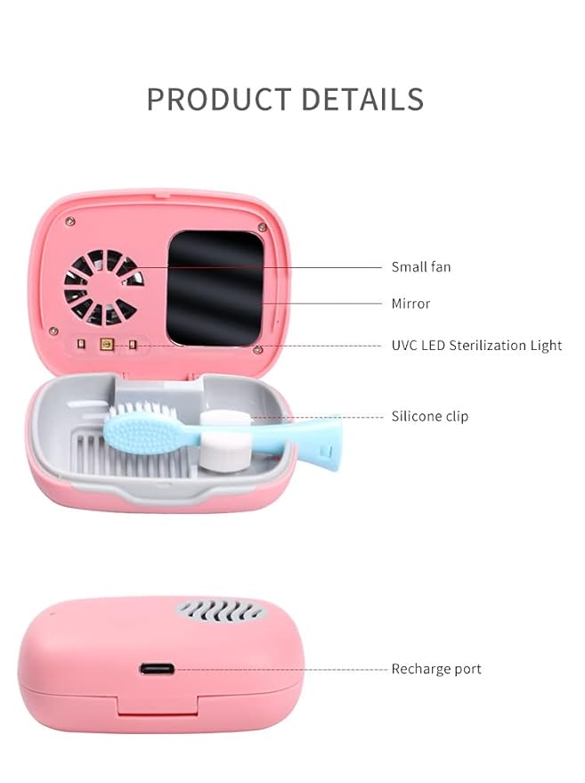 Rechargeable Mini UV Toothbrush Cover with Fan and USB cord for Travel or Home, Long Battery Life and Improved Case Ventilation FOR Better Disinfection (PINK)