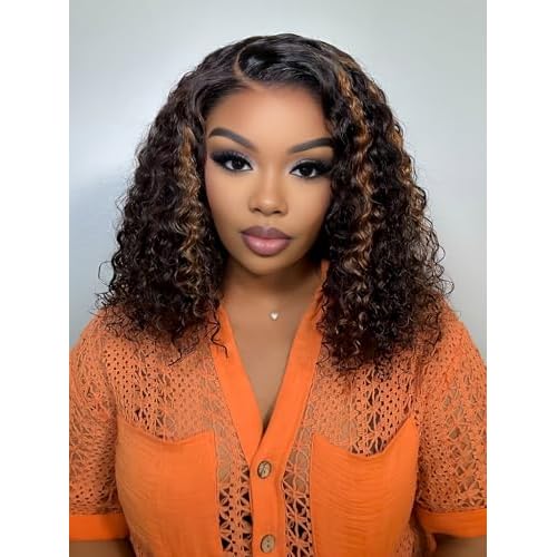 ISEE Hair Highlight Glueless Bob Wigs Human Hair Pre Plucked Pre Cut 2/30 Honey Blonde Curly Human Hair Wig for Black Women Ombre Water Wave 5x7 HD Lace Closure Wigs with Elastic Band 10 Inch