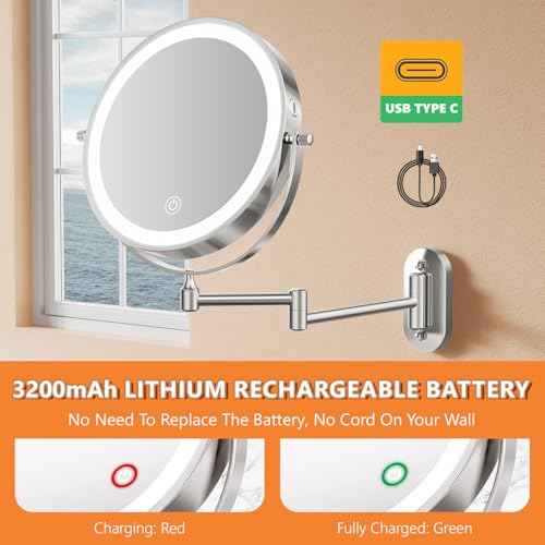 Auxmir 1X/20X Wall Mounted Makeup Mirror with Light, 8" Rechargeable Double-Sided Magnifying Mirror, Vanity Mirror Dimmable 3 Color Light, 360¡Æ Extension Rotation Foldable 14.5 Inch Arm, Chrome
