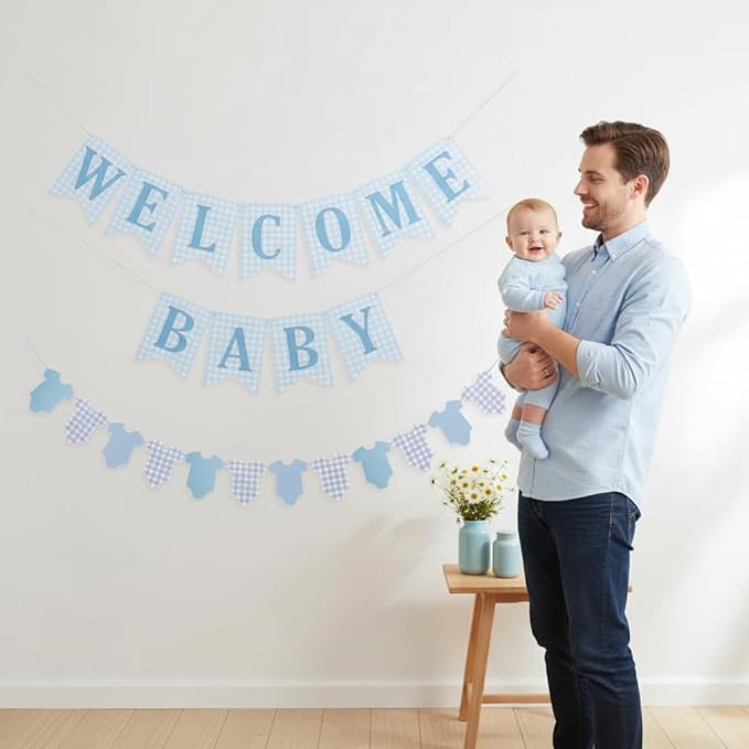 Baby Boy Baby Shower Banner, 2 PCS Pre-strung Blue Gingham Welcome Baby and Body Cloth Banner for Baby Boy Shower Party Decoration (welcome baby-bodysuits)