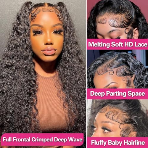 XVE 30 Inch Deep Wave Lace Front Wig Human Hair 13x4 Lace Front Wigs Human Hair Pre Plucked 200% Density Wet And Wavy Wigs Transparent Lace Frontal Curly Wigs For Women Glueless Wig Natural Black