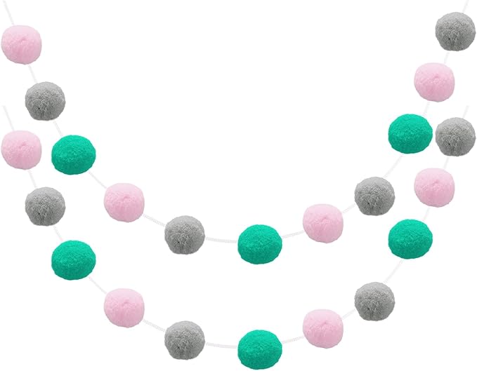 uxcell 2pcs Pom Pom Garland 6.6 Ft 30 Balls Colorful Felt Ball Garland for Wall Christmas Tree Decor Birthday Banner Easter Party Decorations, Light Pink, Grey, Green