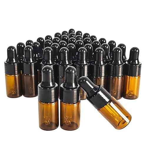 50Pcs Amber Glass Mini Dropper Bottle 1/3ml Amber Essential Oil Bottles Vials Travel Cosmetic Sample Container Liquid Perfume Eye Droppers Bottle (3ml)