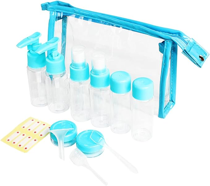 Vitog Travel Bottles Kit, TSA Approved Leak Proof Portable Toiletry Containers Set, Clear flight size PET Cosmetic Containers for Lotion, Shampoo, Cream, Soap, Set of 11 (Blue+Plastic)