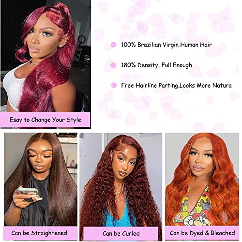99J Burgundy Wine Red Color Body Wave 13x4 HD Lace Front Glueless Wigs Human Hair Pre Plucked Bleached Knots with Baby Hair Wigs Brazilian Human Hair Natural Hairline Wigs for Women(20Inch)